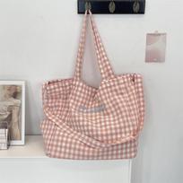 Korean Candy Plaid Lady Tote Bag Sweet Casual Women Crossbody Bag Large Capacity Printing Canvas Shouder Bag Student Handbag rožinė