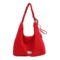 Fashi Nyl Vintage Red Polka Dot Shoulder Bag Lightweight Youth Sweet Hobo Bag for Women Ruched Handle Casual Large Tote Bags raudona