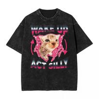 benber vintage Washed T Shirts Wake Up Act Silly Cat Hip Hop Fashion TShirts Oversize Streetwear  Cotton Printed s Shirt Men Women S