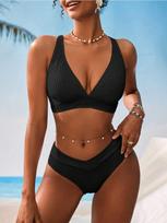 Solid Deep V Ribbed Sexy Two Piece Bikini Set Comfortable Elegant For Summer Vacation S
