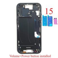 iPhone 15 vidurinio rėmelio apvadas su garsumo ir maitinimo lanksčiuoju kabeliu, šoninių mygtukų korpuso remonto dalys SIM žalia
