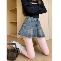 Spicy Girl Retro Pleated Denim Skirt for Women In Summer, High Waisted A-line Anti Glare Short Skirt with Hip Coverage XS
