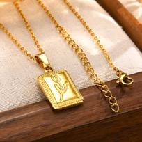 Women's Gold Floral Embossed Tulip Square Pendant Necklace - Durable Titanium Steel auksas