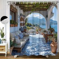 3D Villa Shower Curtain Sea View Balcony Garden Design Mediterranean Style Calm Nature Decor Waterproof Printed Bath Curtain (as the picture,90x180CM)