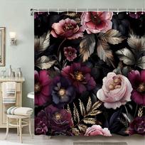 1pc Velvety Peonies & Dark Foliage Shower Curtain - Magenta, Pink, Purple, White Flowers on Black, Polyester, Stylish Bath Decor (as the picture,W90XH180cm)
