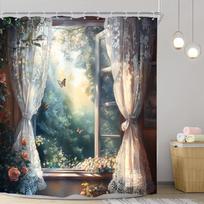Fantasy Shower Curtain Fairy Beautiful Wonderland Woodland Tree Wildflower Floral Garden Butterfly Plant Tale Nature Bathroom (as the picture,90x180CM)
