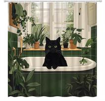 Plant Cat Shower Curtain Black Cat Cute Kitten Taking a Bath Green Leafy Plants Boho Botanicals Modern Fashion Aesthetics (as the picture,90x180CM)