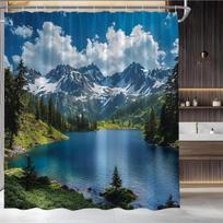 Alpine Mountain Lake Landscape Shower Curtain, Snow Capped Peaks and Blue Water, Waterproof Fabric Bath Curtain for Serene Decor (as the picture,W90xH180cm-35x70in)
