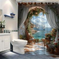 Sea View Shower Curtain Waterproof Fabric Bathroom Curta Mediterranean Balcony Ocean Sailboat Bath Screen Divider With Hooks (as the picture,90x180cm35x71in)