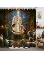 Christmas Shower Curtain Christma holy Night Nativity Shower Curtain The Birth of Jesus Thatched Cottage Lamb for Xmas Christma (as the picture,90x180CM)