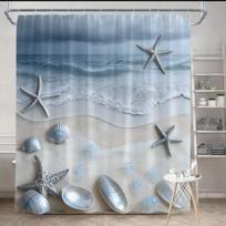 Beach Shower Curtain 180x180cm – Coastal Waves, Sandy Shore & Seashells in Neutral Tones, Ocean Bathroom Decor, 12 Hooks (as the picture,90X180cm(35x70in))