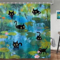 Cute Cat Shower Curtain, Boho Modern Funny Aesthetic Art Shower Curta Set, Black Cat Lilies Floral Lotus Leaves Polyester (as the picture,W90xH180cm-35x70in)