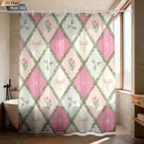 1pc Grid Pink Floral Print Waterproof Shower Curtain Partition Privacy Hanging Curtain With 12 Hooks In Various Sizes (as the picture,90x180cm)