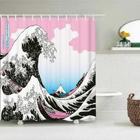 Japanese-style Waves Printing Shower Curtain with Hooks Home Decoration Bathroom Curta 180x180cm Waterproof Polyester Fabric (as the picture,180x180cm)