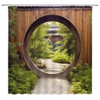 Japanese Shower Curtain Wooden Wall Gate Spring Garden Green Plants Rustic Doorway Circle Park Natural Scenery Outside Courtyard (as the picture,W90xH180cm-35x70in)