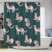 Pink Leopard Print Shower Curtain Set for Bathroom Decor Modern Green Background with Black Spots Cat Design Pattern Cover with (as the picture,90x180cm)