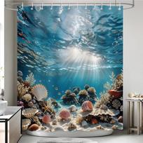 Nautical Coastal Shower Curtain, Ocean Themed Shell Coral Underwater Shower Curtain for Bathroom, Tropical Beach Coastal Sea (as the picture,W90xH180cm-35x70in)