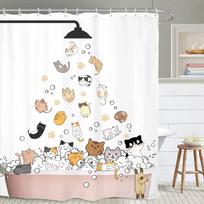 Cartoon Cute Animal Bathing Cat and Dog Shower Curtain Pattern Children's Bathroom Bathtub Decorative Polyester Shower Curtain (as the picture,90x180cm-35x70in)