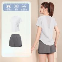 Summer nude fitness short-sleeved top quick-drying yoga clothes women's mesh set breathable running sports T-shirt set S
