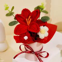 Woven Tulip Handmade Crochet Flower Bouquets Handcrafted Hug Bucket Knitted Tulip Flower Bouquet Unique Artificial Flower Gift raudona
