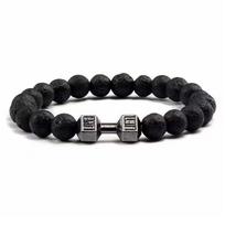 Vintage Dumbbell Pendant Men's Bangle Natural Stone Bead Elastic Strand Bracelet for Friend's Gift