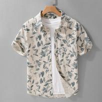 Men Short Sleeve Floral Print Shirt Casual Button Down Linen Top Summer Beach Vacation M