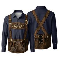 Men's Oktoberfest 3D Print Loose Fit Long Sleeve Shirt Collared Casual Vintage Style Breathable Shirt for Work Outdoor Festival Party XXL tamsiai mėlyna