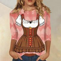 Women Casual Three Quarter Sleeve Oktoberfest Print Round Neck Shirt Lightweight Pullover Top for Daily Wear M smėlis