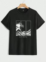 Manfinity BRENVOR Unisex Japanese Letter & Wave Print Tee, 2000s Style XXL