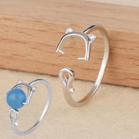 Ting Xiang Kai S925 Sterling Silver Cat Ring Holder with Turquoise Amber for Women 4mm Ring Setting
