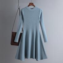 Women's Elegant Slim Solid Knit Dress Round Neck Long Sleeve High Waist Ruffled Hem Short Knit Dress Casual Simple Breathable Soft A-line Dress one size