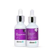 The Derma Co Prieš spuogus ir spuogų randus rinkinys - 2% salicilo rūgšties veido serumas (30 ml) + 10 % Niacinamido veido serumas