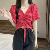 New Niche Design and Drawstring Short Sleeve Shirt Fashionable V-neck Short Plaid Top S rožinė