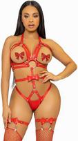 Leg Avenue KINK Studded O-Ring Harness Teddy Raudona Size L Vegan Leather