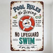 Vintage Rusty Metal Tin Sign Pool Rules No Diving with Cartoon Swimmer Life Preserver - Whimsical Pool Safety Decor for Home Bar 20x30cm（7.8x11.8inch）
