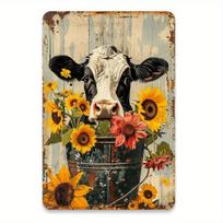 One Vintage Cow and Sunflower Metal Sign - Rustic Wall Art for Home, Office, Cafe, Bar & Garage Decor - Easy Hanging, Versatile 20x30cm（7.8x11.8inch）