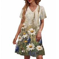 Women's Casual Fashion V-Neck Short Sleeve Floral Print Dress L smėlis