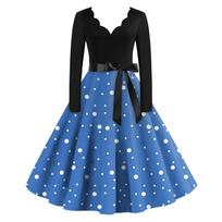 Women's Casual Fashion V-neck Long Sleeved Retro Polka Dot Print Retro Dress L mėlyna