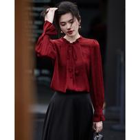 Elegant Ruffle Puff Sleeve Blouse L plytų raudona spalva