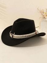 Unisex Wool Felt Cowboy Fedora - Wide Brim with Ethnic Bull Head Decoration for Autumn/Winter M (56-58cm)