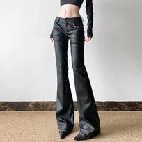 American Motorcycle Spicy Rivet Leather Pants: Women's Low Waist Slimming Micro-Flare Floor-Length Design Large