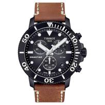 Tissot Seastar Series Quartz Movement 300 Meters Water Resistant Watch 45.5 Mm Black Dial Stainless Steel Case Leather Strap T120.417.36.051.00 Brown Strap