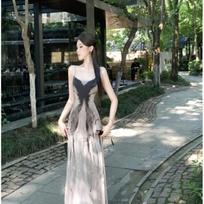 Women's Ink Wash Gradient Sling Dress Slim Fit Flowy Maxi Party Dress S