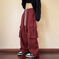 Womens Drawstring Waist Burgundy Cargo Wide Leg Pants Casual Loose Streetwear Trousers Y2K S