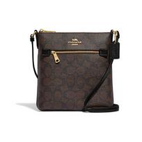 Coach Brown Signature Canvas Crossbody Messenger Bag With Black Leather Trim & Gold Hardware For Daily Use Basic Set (Bag+Dust Bag)