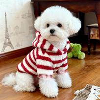 Trendy Fleece Warm Winter Puppy Clothes With Hat Striped Dog Sweatshirt Dog Vest New Year (Red,S)