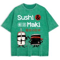 Japan Comics Ninja Sushi Printed Washed TShirts Mens Cotton Oversize T Shirt Basic ONeck Short Sleeve Tops Summer Clothes S