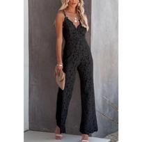 Women's V Neck Lace Spaghetti Strap Wide Leg Jumpsuit XS