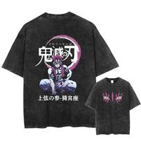 Hot Anime Demon Slayer Kimetsu No Yaiba Akaza Graphic Print T-shirt Men Women Vintage Washed Cotton Loose Casual Oversized Top Summer New Tee L