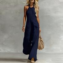 Women’s Sleeveless Neck Button Front Wide Leg Jumpsuit with Pockets Loose Fit Casual Romper for Summer Beach Wear S